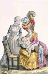 チャールズエマニュエルパタス（1744-1802）1778年に彫刻された、ドレスを着た若い女性「ラレヴィット」が赤ちゃんを母乳で育てる、「ギャルリーデモードとコスチュームフランセ」のプレート